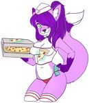  alpha_channel canine cleavage clothed clothing female food fox fur green_eyes hair hair_over_eyes hat inner_ear_fluff iris_(character) legwear looking_at_viewer mammal midriff money navel panties pizza purple_fur purple_hair simple_background solo standing stockings transparent_background underwear white_markings zyira 