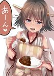  :d apron blue_eyes brown_hair collarbone commentary_request curry curry_rice feeding food headgear hiei_(kantai_collection) holding kantai_collection looking_at_viewer nontraditional_miko open_mouth plate pov_feeding ribbon-trimmed_sleeves ribbon_trim rice short_hair simple_background smile solo speech_bubble tai_(nazutai) translated upper_body white_background 