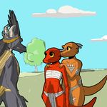 clothed clothing eye_contact female flat_chested group horn kobold loincloth male outside reptile rml scalie skimpy tugma yellow_eyes 