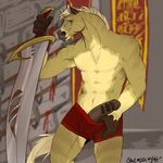  abs animal_genitalia anthro boxer_briefs boxers_(clothing) clothed clothing ctrl_alt_yiff equine erection front_view half-dressed horse horsecock looking_at_viewer male mammal melee_weapon navel penis presenting solo sword topless underwear weapon 