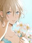  blue_eyes blue_sky brown_hair building cloud earrings face flower hands hishi_(k-xaby) holding holding_flower jewelry lace looking_at_viewer original out_of_frame parted_lips short_hair sky solo watermark web_address white_flower 