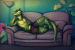  2015 anthro clothed clothing digitigrade green_skin half-dressed lying male navel pants pose reclining reptile scalie sofa solo tazara topless yellow_eyes 
