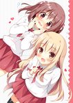  :d black_legwear blonde_hair blush bow bowtie brown_eyes brown_hair doma_umaru ebina_nana finger_to_mouth hands_on_own_cheeks hands_on_own_face heart himouto!_umaru-chan leaning_forward long_hair long_sleeves looking_at_viewer multiple_girls open_mouth pan_(mimi) pleated_skirt red_eyes red_skirt school_uniform shirt skirt smile thighhighs two_side_up very_long_hair wavy_mouth white_shirt zettai_ryouiki 