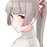  alternate_costume alternate_hairstyle amino_(tn7135) bad_id bad_pixiv_id blush face fujiwara_no_mokou hair_ornament hair_ribbon long_hair looking_at_viewer ponytail portrait red_eyes ribbon signature silver_hair simple_background solo sweater touhou turtleneck white_background 