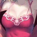  bare_shoulders breasts cleavage close-up commentary head_out_of_frame highres idolmaster idolmaster_cinderella_girls jewelry medium_breasts necklace ribbed_shirt seedkeng shirt short_hair solo takagaki_kaede 