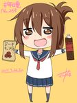 :d adapted_object artist_name bauxite blush_stickers brown_eyes brown_hair chibi chips cola commentary dated folded_ponytail food gurande_(g-size) highres himouto!_umaru-chan inazuma_(kantai_collection) kantai_collection kneehighs neckerchief open_mouth parody potato_chips school_uniform serafuku signature simple_background skirt smile solo style_parody translated yellow_background 