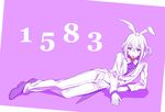  animal_ears bow bowtie bunny_ears deretta food formal fruit honebami_toushirou lying male_focus monochrome mouth_hold number_pun on_side pun purple_eyes solo spot_color strawberry suit touken_ranbu translated white_hair 