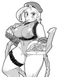  1girl artist_request blush braid breasts cammy_white doboshiru female food huge_breasts leotard looking_at_viewer monochrome nipples pizza smile street_fighter street_fighter_v thick_thighs unknown_artist 