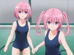 bangs blue_swimsuit blurry breasts chain-link_fence clenched_hand clenched_hands covered_navel cowboy_shot curly_hair demon_tail depth_of_field fence hair_between_eyes long_hair looking_at_viewer momo_velia_deviluke multiple_girls nana_asta_deviluke nervous one-piece_swimsuit parted_lips pink_hair purple_eyes school_swimsuit screencap scrunchie short_hair siblings sidelocks sisters small_breasts sweatdrop swimsuit tail tile_floor tiles to_love-ru to_love-ru_darkness twins twintails upper_body wavy_mouth 