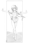  barefoot breasts closed_eyes crossed_legs crotch dress feet flower fragile:_sayonara_tsuki_no_haikyo full_body greyscale hair_flower hair_ornament hair_ribbon harumachi_nagaaki highres legs monochrome nipples outstretched_arms ren_(fragile) revision ribbon short_hair small_breasts solo spread_arms thigh_gap toes watson_cross 