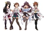  akizuki_ritsuko bangs black_hair blue_eyes brown_hair cosplay crossed_legs detached_sleeves glasses hairband haruna_(kantai_collection) haruna_(kantai_collection)_(cosplay) hiei_(kantai_collection) hiei_(kantai_collection)_(cosplay) honda_mio ichinose_shiki idolmaster idolmaster_(classic) idolmaster_cinderella_girls japanese_clothes kantai_collection kirishima_(kantai_collection) kirishima_(kantai_collection)_(cosplay) kongou_(kantai_collection) kongou_(kantai_collection)_(cosplay) long_hair multiple_girls no_legwear nontraditional_miko one_eye_closed open_mouth sagisawa_fumika shift_(waage) short_hair simple_background skirt smile thighhighs watson_cross zettai_ryouiki 