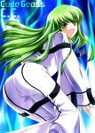 1girl akino_shin ass bodysuit c.c. character_name code_geass copyright_name from_behind green_hair long_hair looking_at_viewer open_mouth pantylines parted_lips shiny shiny_hair solo title_name yellow_eyes 