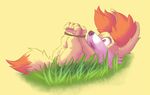 2015 anus bound canine female fennekin feral grass hindpaw legs_up lying mammal nintendo on_back open_mouth pawpads paws pok&eacute;mon pussy raxmon rope side_view simple_background solo video_games yellow_background 