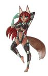  2015 alpha_channel anthro armor barefoot brown_fur canine clothed clothing female fox fur green_eyes hair hi_res kitsu long_hair looking_at_viewer mammal navel raised_arm raised_leg raptor007 red_hair skimpy smile solo unconvincing_armor white_fur 
