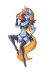  2015 alpha_channel anthro blonde_hair blue_fur blue_skin cleavage clothed clothing equine female friendship_is_magic fur hair hi_res hooves horn legwear looking_at_viewer makeup mammal multicolored_hair my_little_pony navel navel_piercing piercing purple_hair raptor007 sassy_saddles_(mlp) skimpy smile solo two_tone_hair unicorn yellow_eyes yellow_fur 