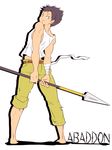  bandages barefoot copyright_name earrings from_behind fukai_ni_nemuru_oujo_no_abaddon full_body green_eyes jewelry kazama_kippei male_focus pants pants_rolled_up polearm purple_hair sakuraprin simple_background smile solo spear spiked_hair tank_top torn_clothes weapon white_background 