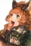  1girl animal_ears aos bow breasts brown_gloves censored cleavage commentary_request fangs fellatio gloves granblue_fantasy hair_bow happy hetero highres karteira licking male_pubic_hair medium_breasts mosaic_censoring oral orange_eyes orange_hair penis pubic_hair saliva solo_focus tongue tongue_out 