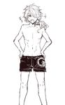  boxers hair_over_one_eye hands_on_hips male_focus male_underwear mizuryuu_kei monochrome ponytail shishiou sketch smile solo sparkle touken_ranbu translated underwear 