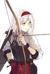  arrow between_fingers bow_(weapon) brown_eyes duoyuanjun flight_deck hakama_skirt headband highres japanese_clothes kantai_collection long_hair muneate pleated_skirt red_skirt revision shoukaku_(kantai_collection) simple_background skirt smile solo upper_body weapon white_background white_hair 