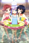  ;d ;o absurdres alternate_hairstyle angora_rabbit animal animal_on_head barefoot black_hair blue_eyes brown_eyes bunny bunny_on_head casual_one-piece_swimsuit double_bun fang food girl_sandwich gochuumon_wa_usagi_desu_ka? hand_on_another's_shoulder highres innertube jouga_maya kafuu_chino long_hair looking_at_viewer multiple_girls natsu_megumi nyantype official_art on_head one-piece_swimsuit one_eye_closed open_mouth popsicle purple_hair red_eyes red_hair sandwiched short_hair smile standing swimsuit tiles tippy_(gochiusa) wading water 