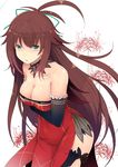  :o aqua_eyes bare_shoulders breast_hold breasts brown_hair cleavage collar collarbone dress elbow_gloves flower gloves hair_ribbon large_breasts original red_dress ribbon solo strapless strapless_dress sts thighs 
