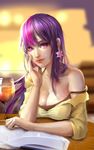  artist_name book breasts cleavage collarbone commentary drink earrings glass hand_on_own_cheek highres humanization jewelry large_breasts light_smile looking_at_viewer multicolored_hair my_little_pony my_little_pony_friendship_is_magic open_book pink_hair purple_eyes purple_hair sangrde see-through shirt solo twilight_sparkle two-tone_hair watermark web_address yellow_shirt 