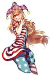 american_flag_dress american_flag_legwear blonde_hair clownpiece cowboy_shot hair_over_one_eye hat hug_(yourhug) jester_cap long_hair looking_at_viewer makeup mask neck_ruff no_wings open_mouth pantyhose polka_dot_hat red_eyes red_lips round_teeth short_sleeves simple_background sketch smile solo star star_print striped striped_legwear teeth touhou very_long_hair white_background 