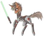 2015 alpha_channel armor brown_fur clothed clothing crossover ear_piercing equine fan_character feral fur grey_fur grey_hair hair horn lightsaber mammal melee_weapon my_little_pony piercing raised_leg raptor007 red_eyes side_view smile spots star_wars sword unicorn weapon 