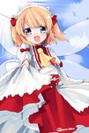  ascot blonde_hair blue_eyes blue_sky blush bow day fairy_wings hair_bow headdress open_mouth shiika_yuno skirt skirt_lift sky solo sunlight sunny_milk touhou twintails twitter_username wings 
