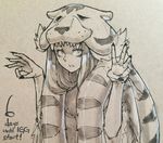  bags_under_eyes constricted_pupils countdown english eu03 fingernails indivisible long_fingernails long_hair looking_at_viewer marker_(medium) monochrome ok_sign pelt razmi_(indivisible) solo tiger_pelt traditional_media upper_body 