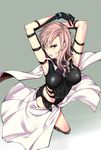  1girl armor arms_up artist_request blue_eyes breastplate cape final_fantasy final_fantasy_xiii gloves lightning_farron lightning_returns:_final_fantasy_xiii looking_at_viewer parted_lips pink_hair strap 