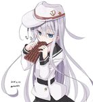  blue_eyes chocolate_bar dated eating hammer_and_sickle hat hibiki_(kantai_collection) kantai_collection long_hair mochiki school_uniform serafuku silver_hair solo star twitter_username verniy_(kantai_collection) white_background 