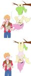  2015 ?? animal_humanoid apple bat_winsg big_macintosh_(eg) blonde_hair blush clothing female flutterbat_(mlp) flutterhy_(eg) fluttershy_(mlp) freckles friendship_is_magic fruit hair humanoid my_little_pony panties red_eyes semi-anthro skirt slit_pupils ta-na tree underwear upside_down vampire 