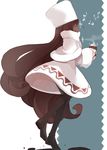  bangs black_legwear boots brown_eyes brown_hair capelet cocoa_cookie cookie_run cup dark_skin dress eighth_note full_body gloves hat long_hair mug musical_note pantyhose personification solo steam very_long_hair white_dress white_gloves wide_sleeves zorim 