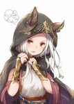 animal_ears blush cat_ears cloak ears_through_headwear granblue_fantasy hood hooded_cloak long_hair open_mouth red_eyes roll_okashi scathacha_(granblue_fantasy) silver_hair simple_background solo squiggle upper_body white_background 