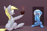  2015 blonde_hair blush candle cutie_mark derpy_hooves_(mlp) duo equine female food friendship_is_magic hair horn mammal muffin my_little_pony pegasus purple_eyes simple_background sitting smile trixie_(mlp) underpable unicorn wings yellow_eyes 