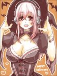  blush breasts cleavage cleavage_cutout halloween hat headphones large_breasts long_hair looking_at_viewer nitroplus open_mouth pink_hair red_eyes smile solo super_sonico warai witch_hat 