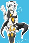  1girl bare_shoulders blue_eyes boots bracelet breasts coat cosplay eyepatch flamie_speeddraw fremy_speeddraw jewelry lily_(vocaloid) navel rokka_no_yuusha short_hair skirt thigh_boots vocaloid white_hair 