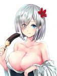  :q aritsuno bad_id bad_pixiv_id blue_eyes blush breasts chocolate_banana cleavage collarbone flower food hair_flower hair_ornament hair_over_one_eye hairclip hamakaze_(kantai_collection) highres holding holding_food huge_breasts japanese_clothes kantai_collection kimono off_shoulder revision sexually_suggestive short_hair silver_hair simple_background solo tongue tongue_out upper_body white_background yukata 