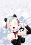  1girl bare_shoulders breasts detached_sleeves dress eyes_closed frills grey_hair innes_lorenz lips open_mouth panda ribbon short_hair tales_of_(series) tales_of_hearts 