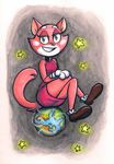  2015 anthro breasts cat clothed clothing crossed_legs dress feline female footwear fur looking_at_viewer malimarthemage mammal pink_body pink_fur planet shima_luan shoes sitting smile solo space star super_planet_dolan traditional_media_(artwork) wide_hips 