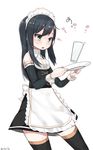  alternate_costume alternate_eye_color apron asashio_(kantai_collection) bare_shoulders black_hair detached_sleeves dish dress enmaided green_eyes highres kantai_collection long_hair maid maid_headdress mitsudoue solo thighhighs water zettai_ryouiki 