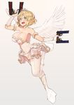  absurdres ameyame angel_wings bad_id bad_pixiv_id bare_shoulders blonde_hair boots breasts cleavage collarbone dress dual_wielding elbow_gloves fang front-seamed_legwear gloves green_eyes gun hair_ornament handgun heterochromia highres holding large_breasts looking_at_viewer open_mouth platform_footwear ryouna_(senran_kagura) seamed_legwear senran_kagura senran_kagura_shinovi_versus solo strapless thigh_boots thighhighs weapon white_dress white_gloves white_legwear wings zettai_ryouiki 