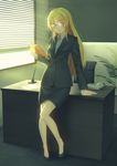  ayase_eli blonde_hair blue_eyes chair chromatic_aberration clipboard desk formal glasses long_hair looking_at_viewer love_live! love_live!_school_idol_project nagareboshi office office_lady pencil_skirt phone skirt skirt_suit smile solo suit window 