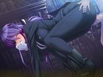 1boy 1girl all_fours ass ass_grab black_lilith blush boots breasts butler censored clothed_sex doggystyle eyepatch eyes_closed feet female game_cg hanging_breasts hetero kagami_hirotaka large_breasts long_hair looking_back nail_polish onmyou_kishi_towako penis purple_hair pussy_juice saliva sex shiki_reika suit sweat through_clothes vaginal 