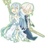  1boy 1girl aqua_(fire_emblem_if) artist_request blue_hair breasts chibi cousins eyes_closed female fire_emblem fire_emblem_if kamui_(fire_emblem) long_hair my_unit_(fire_emblem_if) nintendo open_mouth panties pointy_ears smile sword underwear weapon white_hair yellow_eyes 