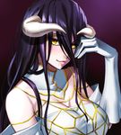  albedo black_hair breasts cleavage demon_horns elbow_gloves eyebrows_visible_through_hair gloves horns large_breasts long_hair looking_at_viewer nyamota overlord_(maruyama) slit_pupils solo upper_body yellow_eyes 