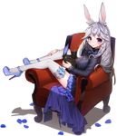  animal_ears armchair bad_id bad_pixiv_id blue_eyes bow bunny bunny_ears chair frilled_skirt frills full_body heterochromia high_heels long_hair looking_at_viewer looking_back open_mouth original petals purple_eyes reclining silver_hair sitting sitting_sideways skirt solo thighhighs whoisshe 