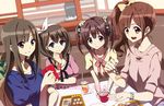  bad_id bad_pixiv_id banned_artist blue_eyes brown_eyes brown_hair food hairband idolmaster idolmaster_cinderella_girls igarashi_kyouko long_hair mizumoto_yukari multiple_girls ogata_chieri open_mouth sakuma_mayu short_hair side_ponytail smile suisen twintails 