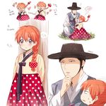  &gt;_&lt; 1girl ? alternate_hairstyle bad_id bad_twitter_id black_hair blush bow braid brown_eyes closed_eyes flower gekkan_shoujo_nozaki-kun hanbok hat heart korean korean_clothes korean_traditional_hat mery_(apfl0515) nozaki_umetarou orange_hair polka_dot polka_dot_bow purple_eyes sakura_chiyo single_braid translated 